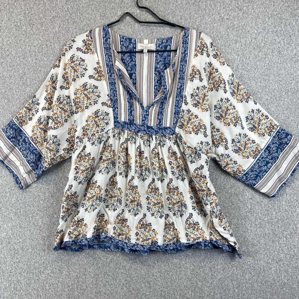 Lucky Brand Peasant Blouse Top Sz Medium Womens Boho Indie Floral V-neck